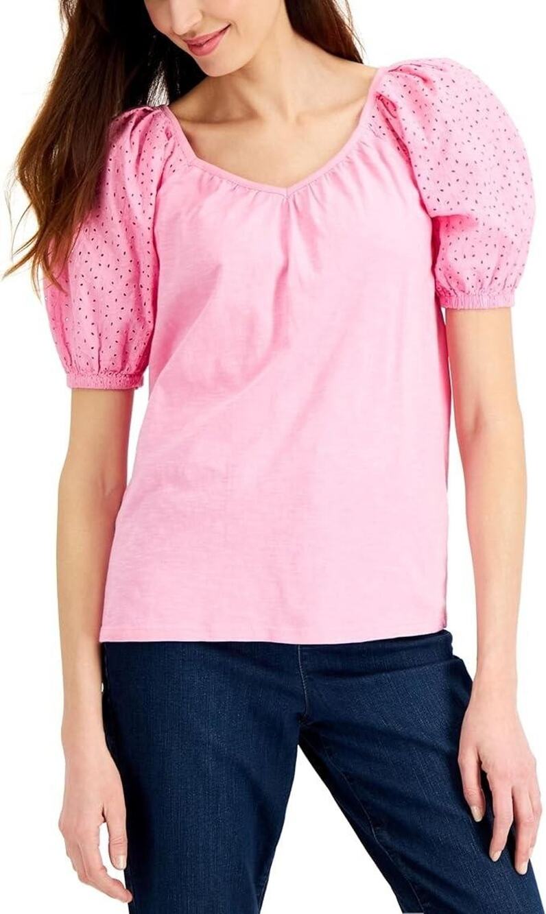 Charter Club Shirt Top Womens Large Pink Blouse Eyelet Puff Sleeve Spring Summer